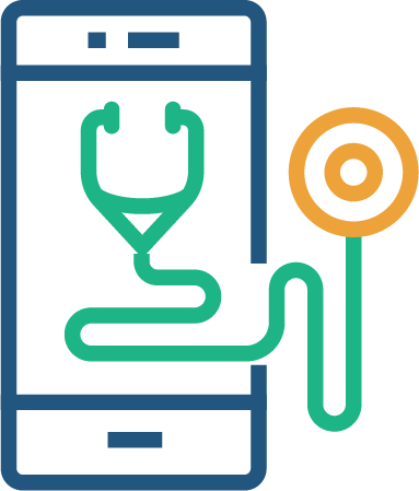 Green stethoscope outline with yellow end placed on blue smartphone outline