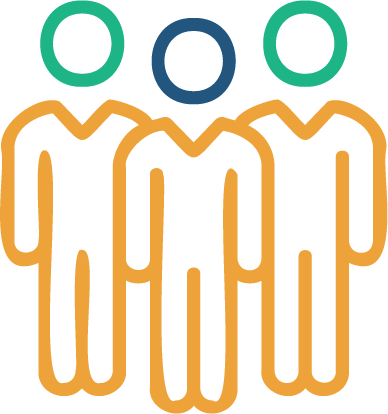 three orange people outlines with two green heads and one blue head